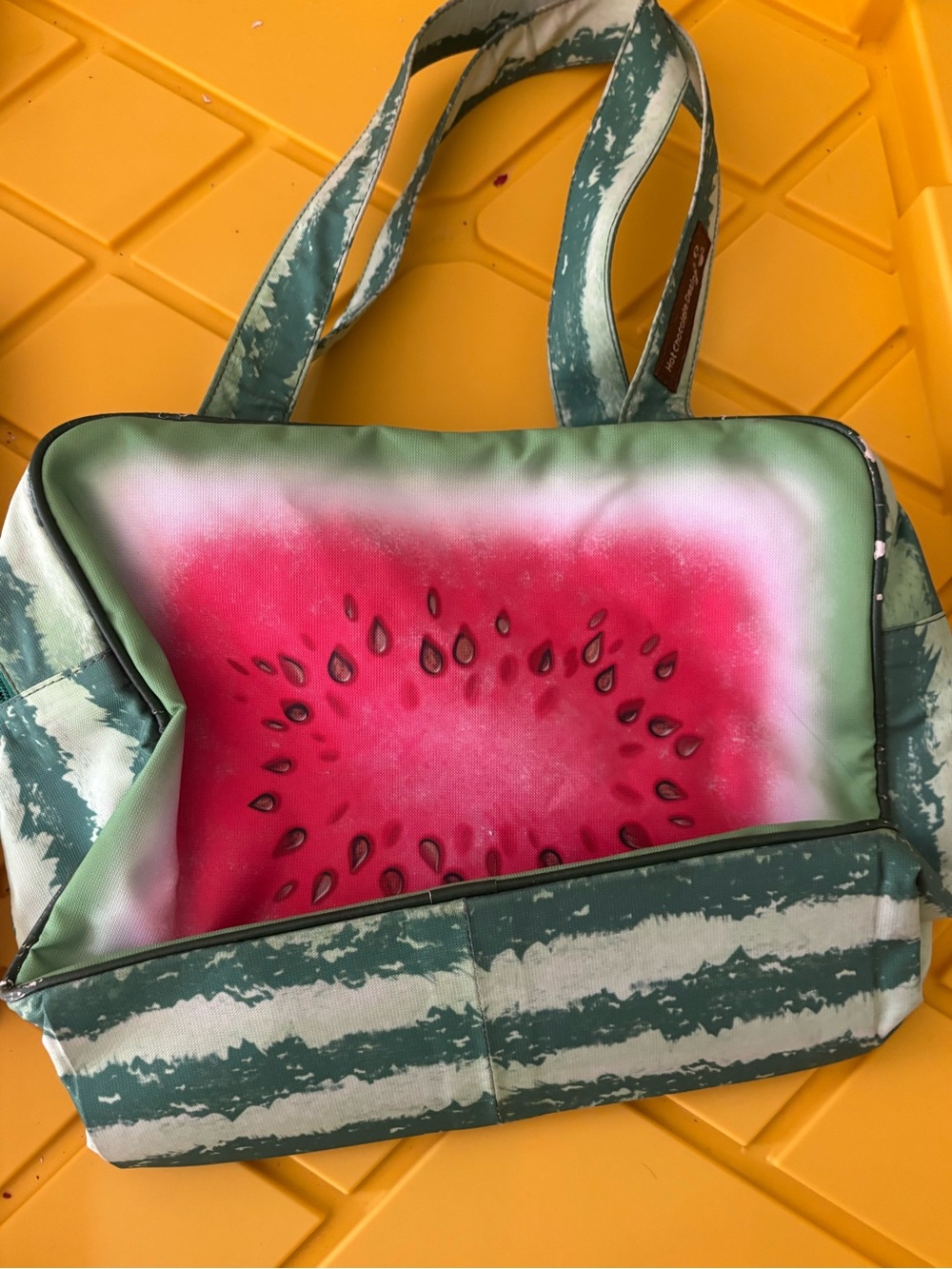 Hot chocolate design Striped Green Tote Bag with Pink Watermelon Print